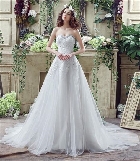 Princess A Line Strapless Corset Back Tulle Lace Crystal Wedding Dress