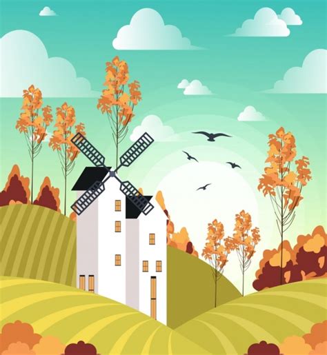 Farm Landscape Drawing Windmill Field Icons Colored Cartoon Vectors