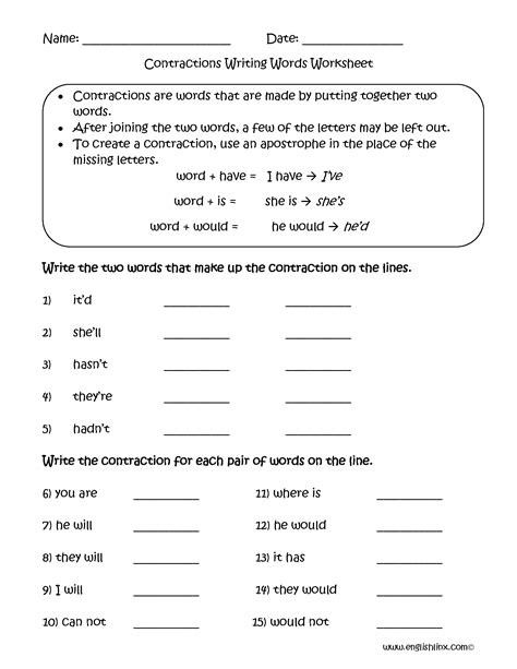 Worksheet Contraction Worksheets For First Grade Grass Fedjp