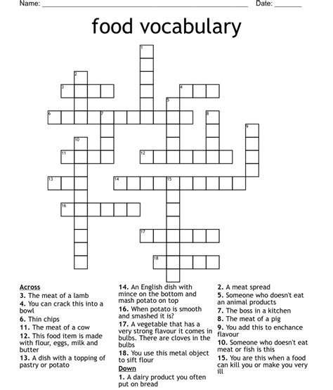 Food Vocabulary Crossword Wordmint