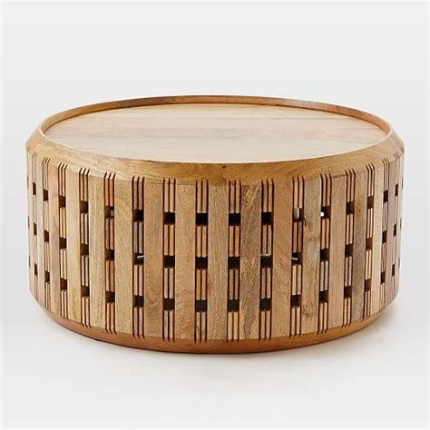 Meridian furniture jazzy collection modern | contemporary stainless steel drum shaped coffee table, 36 w x 36 d x 16.5 h, silver. Pierced Wood Drum Coffee Table | west elm