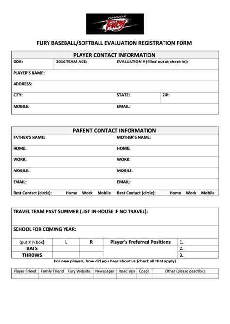 Fill out, securely sign, print or email your softball tryout liability form instantly with signnow. Fury Baseball/softball Evaluation Registration Form printable pdf download