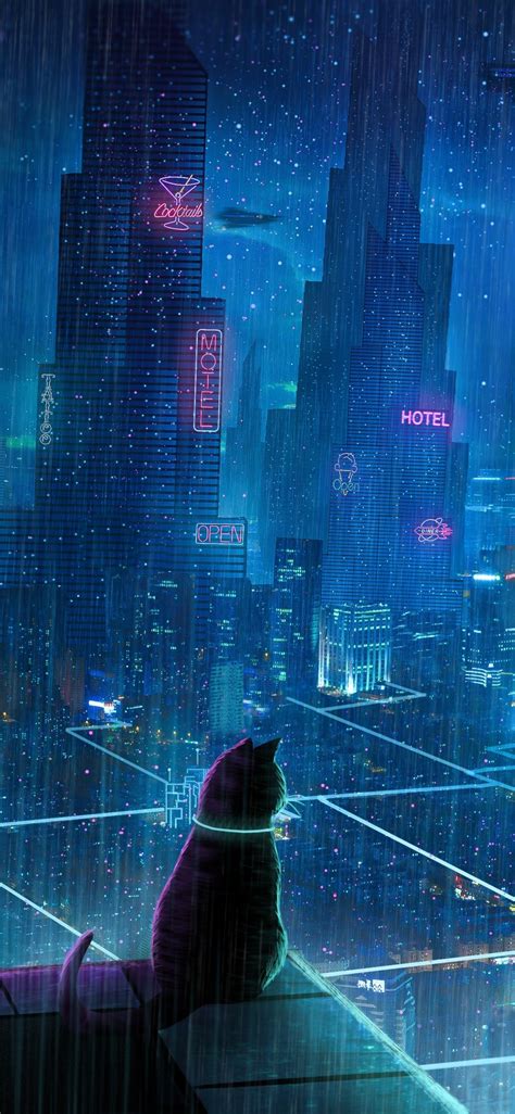 Anime Sci Fi City Building Rain Cat 1125x2436 Phone Hd Wallpaper