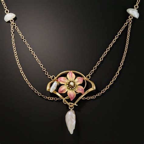 ©️ Lang Antiques Art Nouveau Enamel And Natural Freshwater Pearl