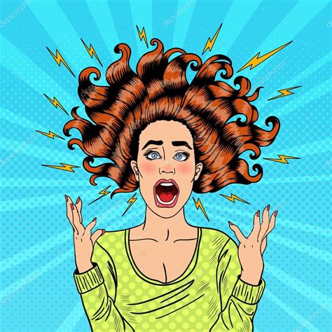 Pop Art Aggressive Furious Screaming Woman With Flying Hair And Flash