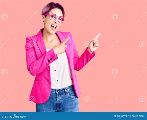 Young Beautiful Woman With Pink Hair Wearing Business Jacket And