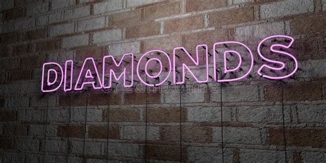 Diamonds Glowing Neon Sign On Stonework Wall 3d Rendered Royalty
