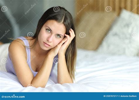 Beautiful Woman On The Bed Loking At You Stock Image Image Of Camera Girl 259707217