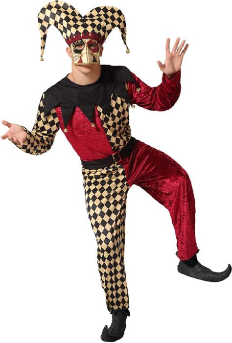 Mens Red Black Gold Bell Harlequin Jester Circus Joker