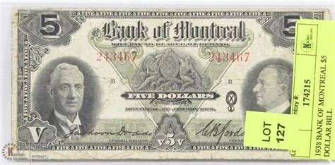 1938 Bank Of Montreal 5 Dollar Bill