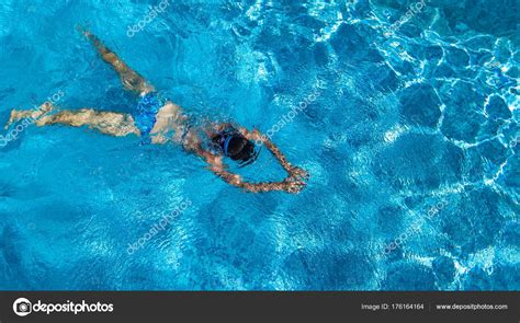 Aerial Top View Woman Swimming Pool Water Tropical Vacation Holiday