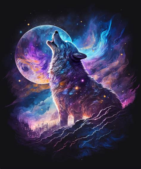 Wolf Howling At The Moon Mystic Scene Lunar Cosmic Wolf Art