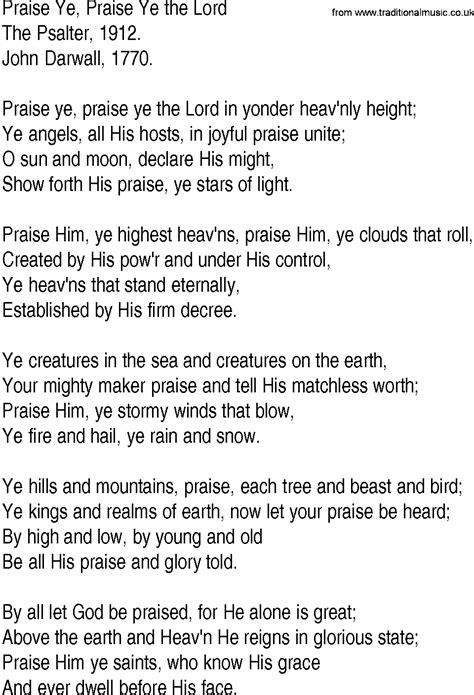 Hymn And Gospel Song Lyrics For Praise Ye Praise Ye The Lord By The