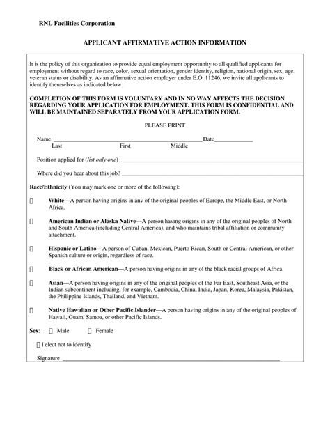 Applicant Affirmative Action Information Form Rnl Facilities