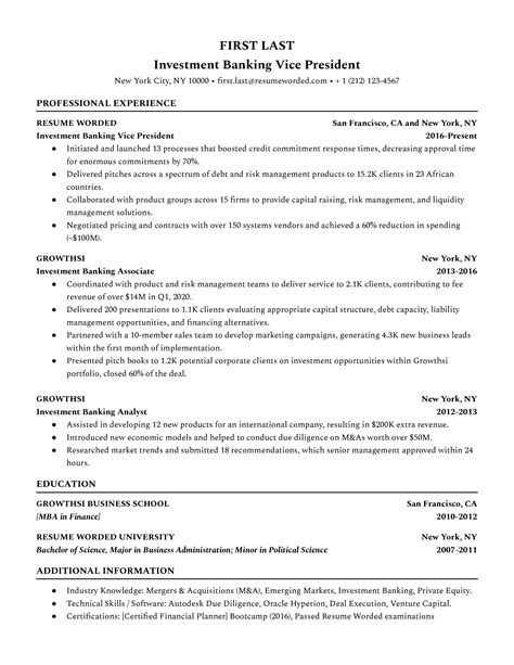 Investment Banking Vice President CV Example for 2023 | Resume Worded