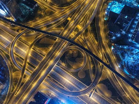 Aerial View Of The Illuminated Traffic Line In Dubai At Night United