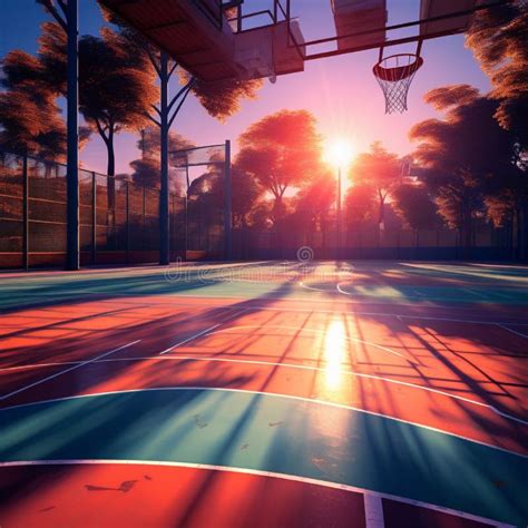 A Vibrant Sunset Casting Long Shadows On An Empty Basketball Court