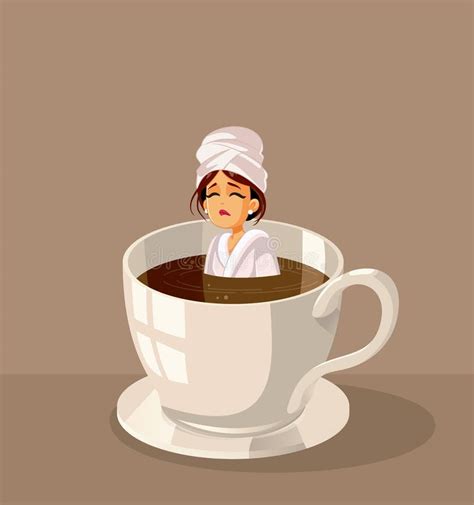 Sleepy Woman Swimming In Coffee Vector Cartoon Illustration Stock