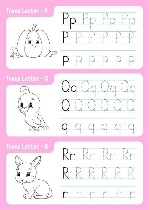 skriva bokstäver p q r spårningssida kalkylblad för barn övningsark lära sig alfabetet
