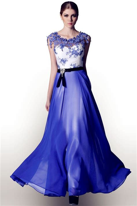 A Line Long Royal Blue Chiffon Lace Applique Evening Prom Dress With Sash
