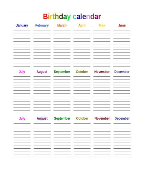Printable Employee Birthday Calendar Template Birthday Calendar 11 Free