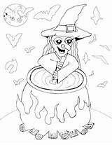 Coloring Cauldron Witch Halloween Stirring Bats Witches Template Drawing Printable Halloweenprintables sketch template