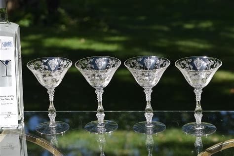 vintage etched cocktail ~ martini glasses set of 4 cambridge rose point circa 1934