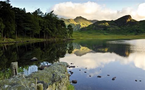 Wallpaper Trees Green Lake Clear Water Rocks Mountains Clouds