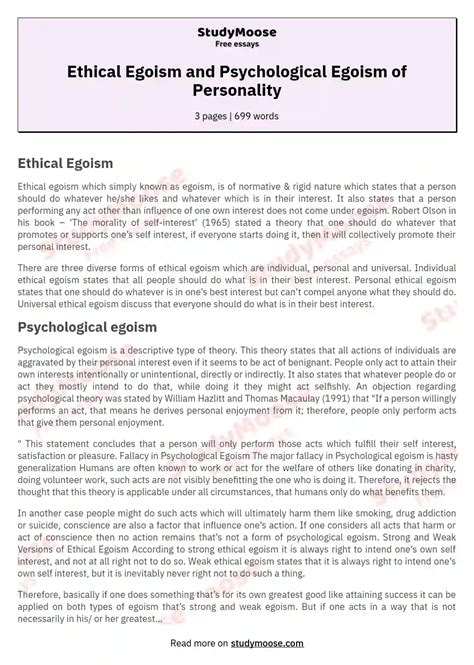 Ethical Egoism And Psychological Egoism Of Personality Free Essay Example