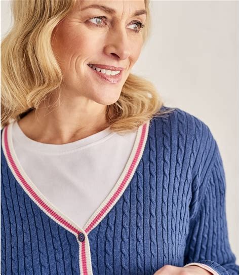 French Navy Womens Cotton Cashmere Tipped V Neck Cable Cardigan