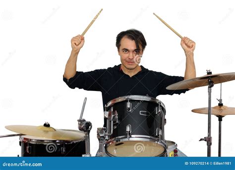 Middle Aged Drummer With Drumsticks In His Hands Playing Drum Se Stock