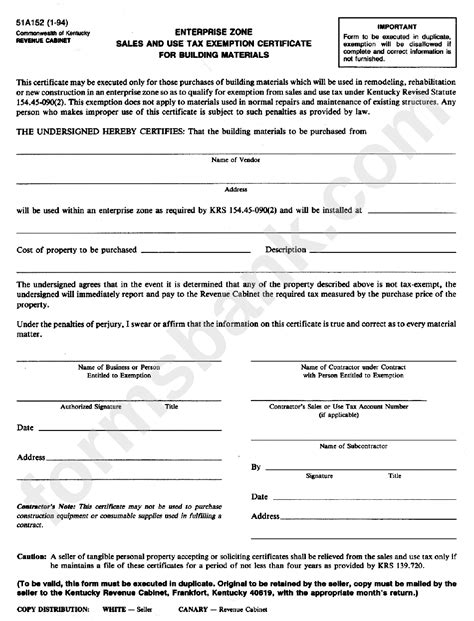 Form 51a152 Sales And Use Tax Exemption Certificate 1994 Printable