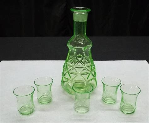 Vaseline Glass Decanter And 5 Etched Cordial Glasses