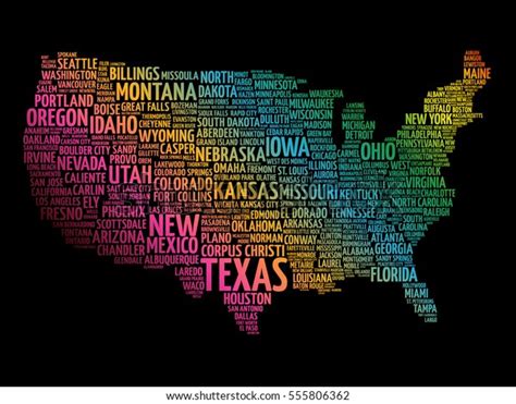 Usa Map Word Cloud Collage Most Stock Vector Royalty Free 555806362