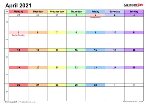 Calendar April 2021 Uk With Excel Word And Pdf Templates