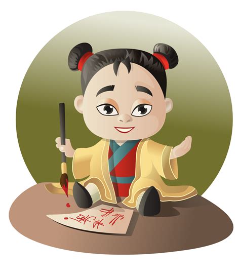 Greatest untold secrets of china. Little Chinese child cartoon character, writing with ink and brush on paper. She is dressed in ...