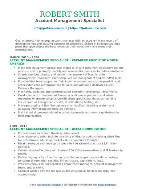 Download this resume template to gain instant access to all the pages of the resume and cover letter. Account Management Specialist Resume Samples | QwikResume