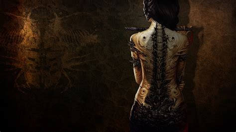 wallpaper digital art women fantasy art dark tattoo back skeleton mythology flute art