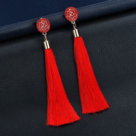 terreau kathy bohemian crystal tassel earrings black white blue red pink silk fabric long drop
