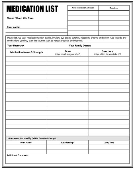 Free Printable Medication List Forms Printable Forms Free Online