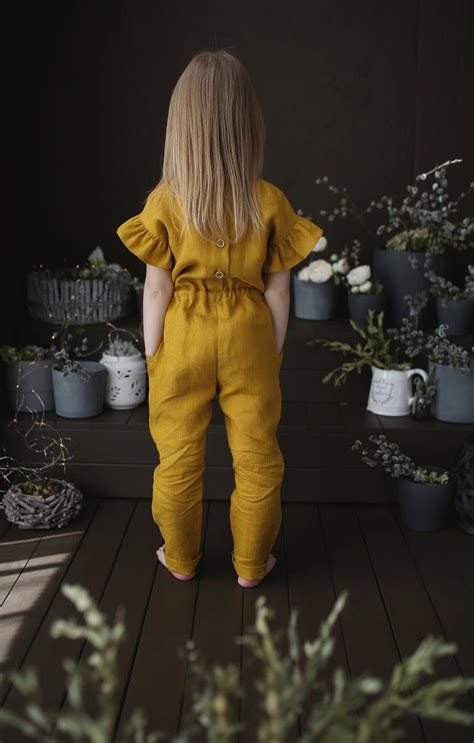 Linen Kids Jumpsuit Linen Overall For Girls Yellow Linen Rompers Casual