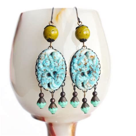 Turquoise Chandelier Earrings Large Vintage Carved Glass Aqua