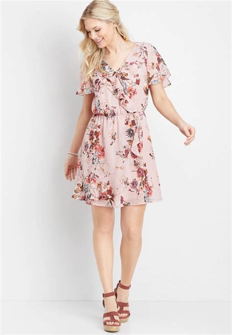 Ruffled Floral V Neck Wrap Dress Maurices