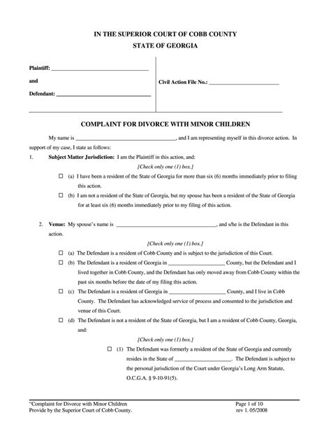 Ga Complaint For Divorce With Minor Children Cobb County 2008 2022
