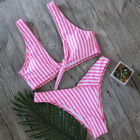 Tie Knot Bikini Striped Swimwear Bikinis Bikini Set