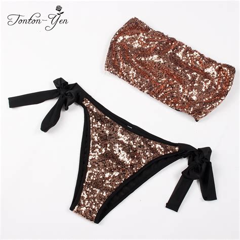 Sexy Push Up Bikinis Set Sequined Swimwear Female Low Waist Shorts