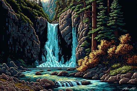 Stunning Mountain Waterfalls Pixel Art Graphic By Alone Art · Creative