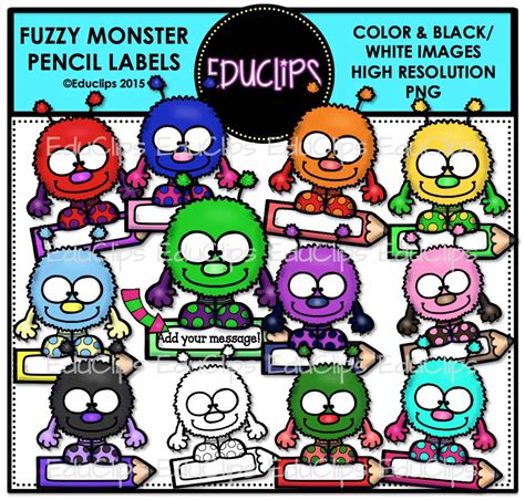 Fuzzy Monster Pencil Labels Clip Art Bundle Color And Bandw