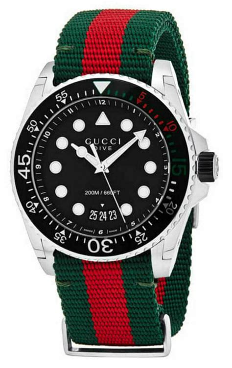 New Gucci Dive Ya136209 45mm Black Matte Dial Green Red Web Nylon Mens