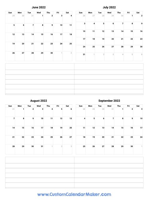 June To September 2022 Printable Calendar